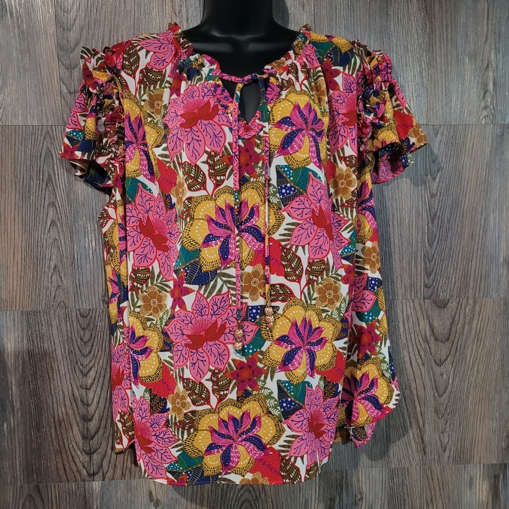 Rose & Olive Bold Floral Blouse Size 3X Multicolor Crepe Ruffle Trim Tropical